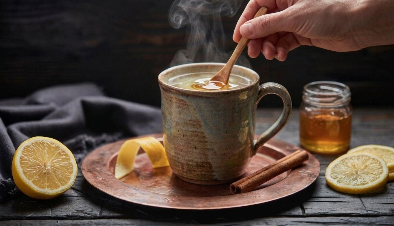 Honey and lemon juice being stirred into hot water in a mug on a kitchen counter with a cut lemon nearby