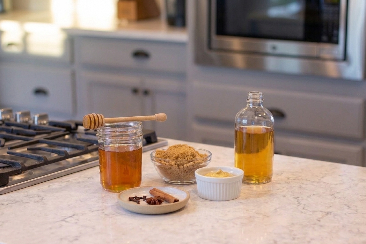 Honey, brown sugar, Dijon mustard, apple cider vinegar, and spices measured and ready on a kitchen countertop
