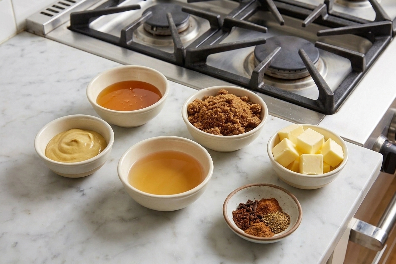 Honey, brown sugar, Dijon mustard, apple cider vinegar, butter, and spices measured in small bowls on a kitchen counter