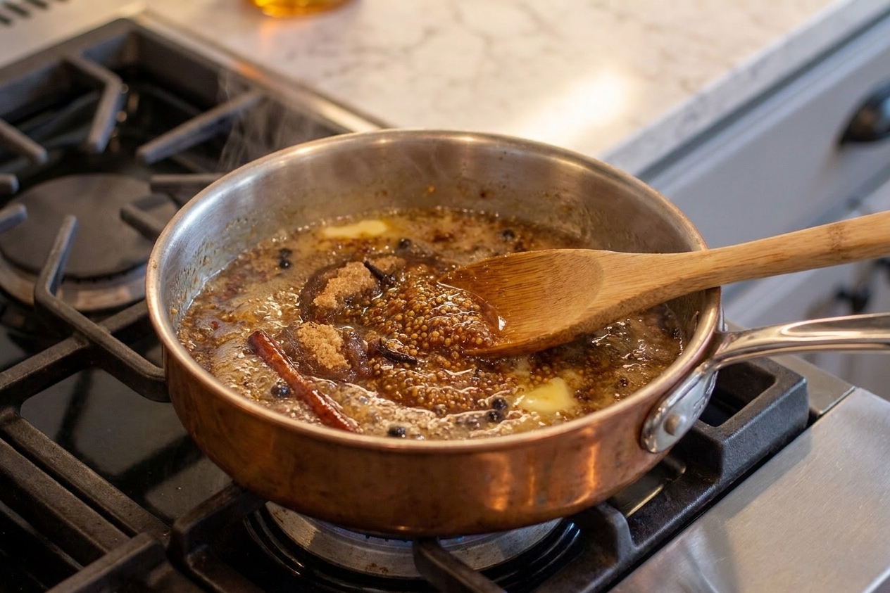 Honey, brown sugar, mustard, vinegar, butter, and spices simmering together in a small saucepan