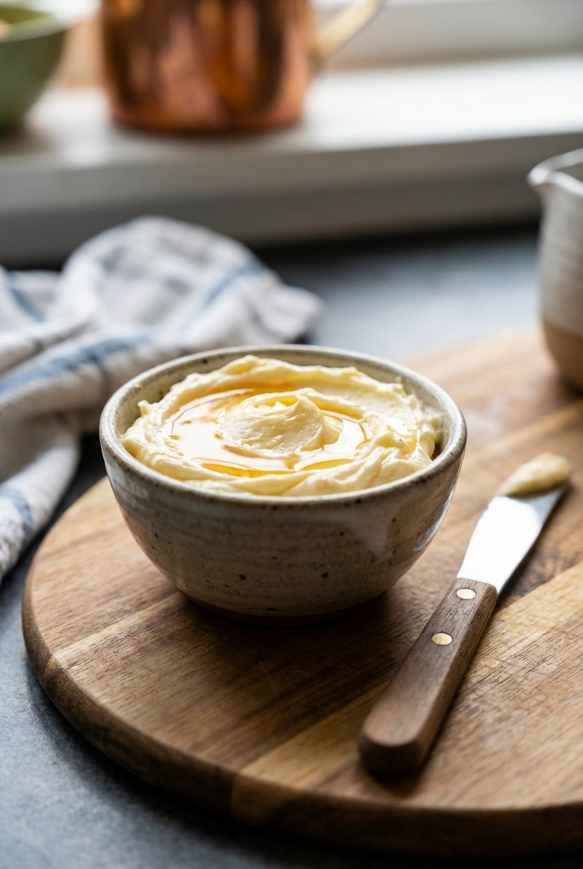 Honey butter in a small bowl with a butter knife beside it