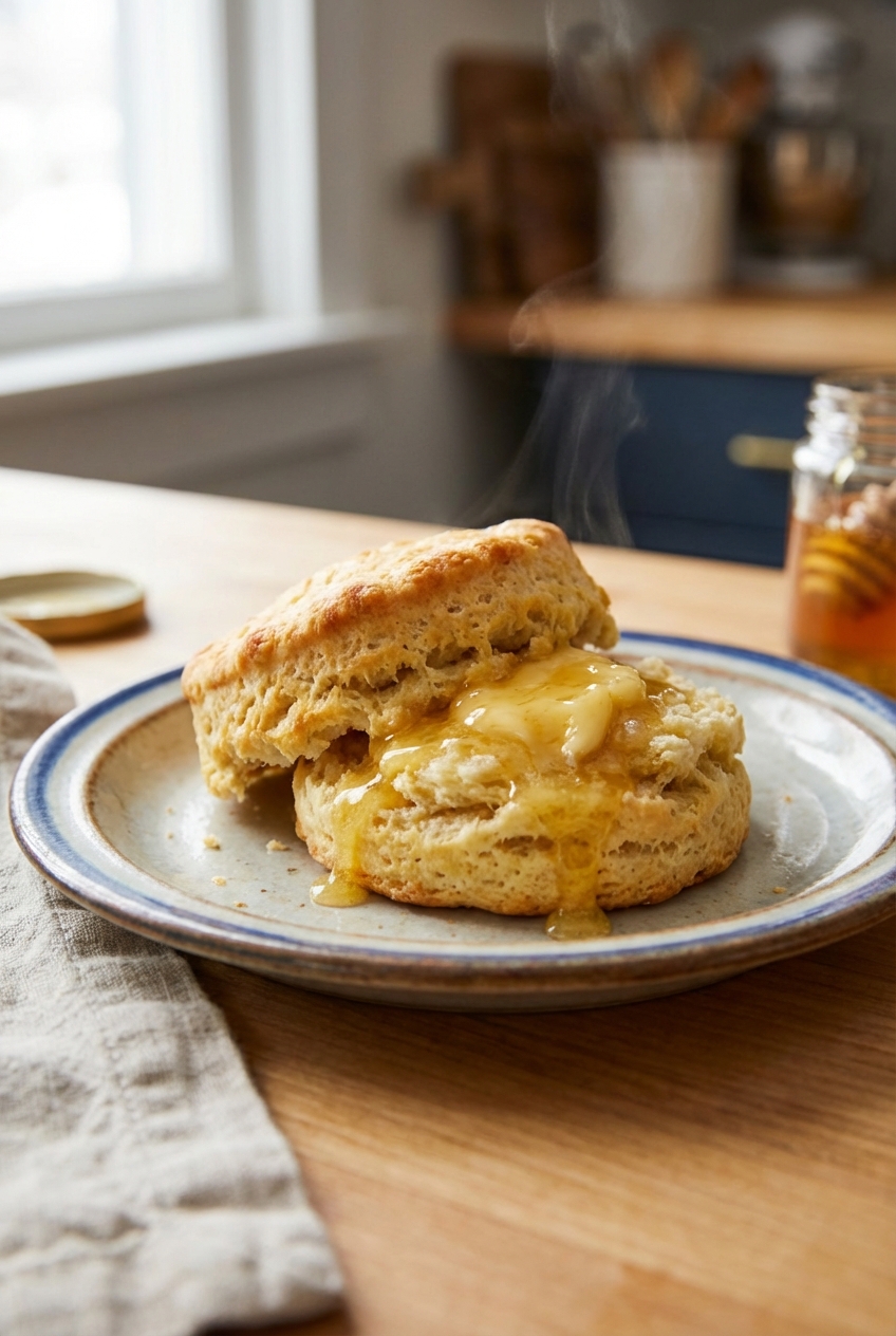 Honey butter melting on a warm split biscuit on a plate