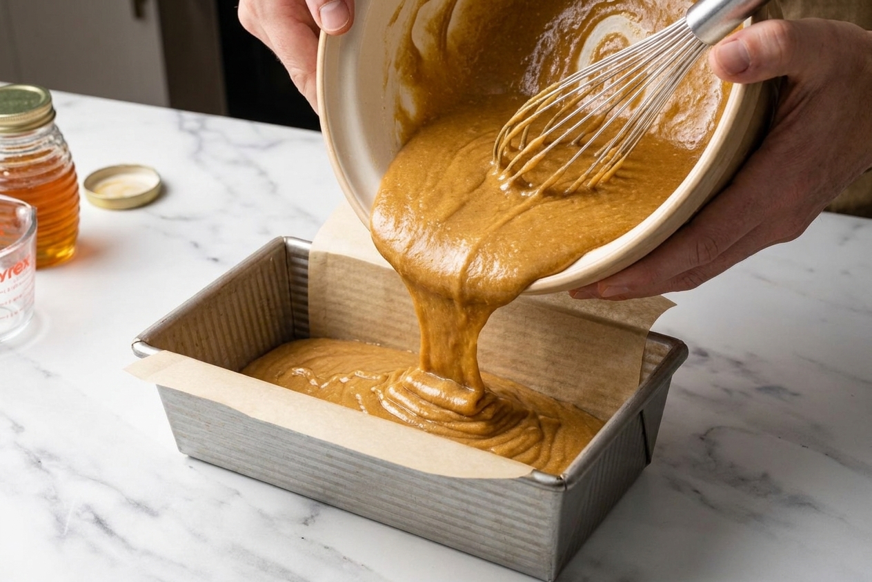 Honey cake batter being poured from a mixing bowl into a parchment lined loaf pan on a kitchen counter