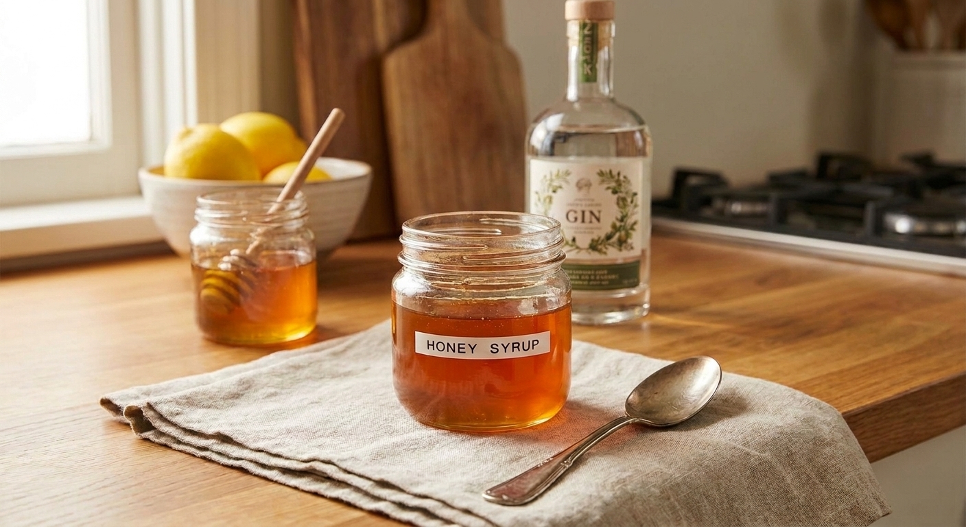 Honey, fresh lemons, a bottle of gin, and a small jar of honey syrup arranged on a clean kitchen counter