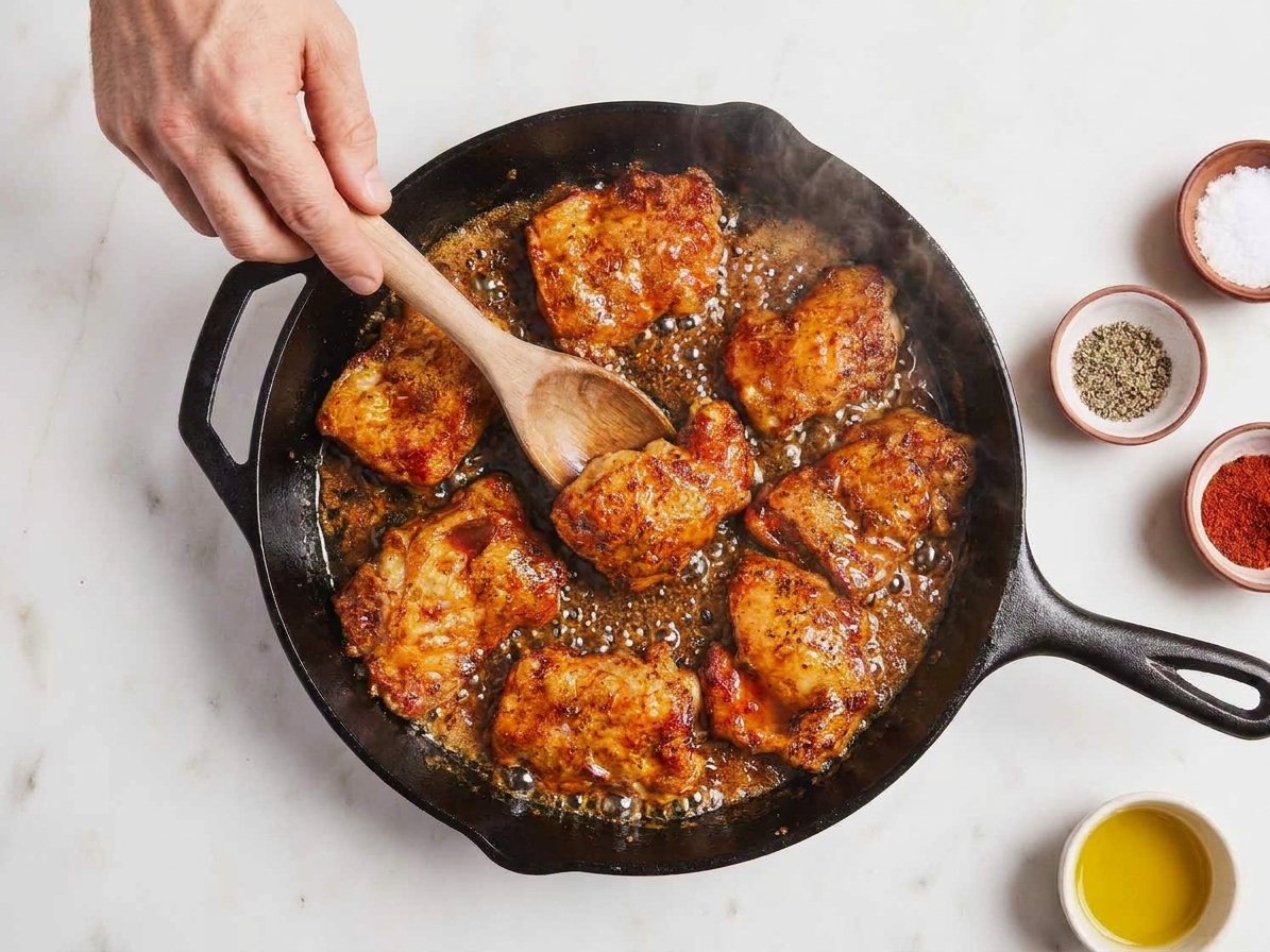 Honey garlic sauce bubbling and thickening around seared chicken in a skillet