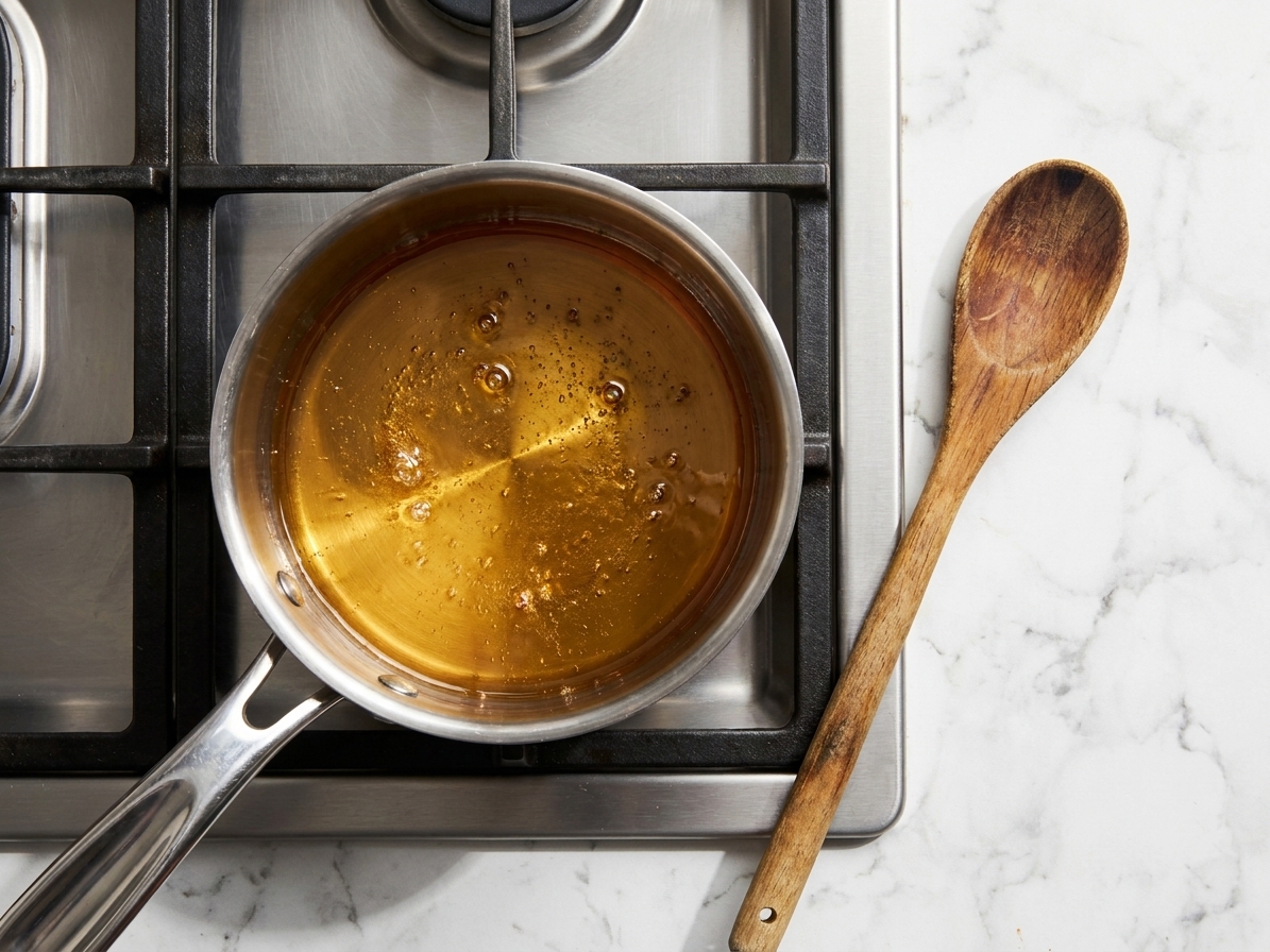 Honey gently warming in a small stainless steel saucepan on a stovetop with a wooden spoon resting nearby