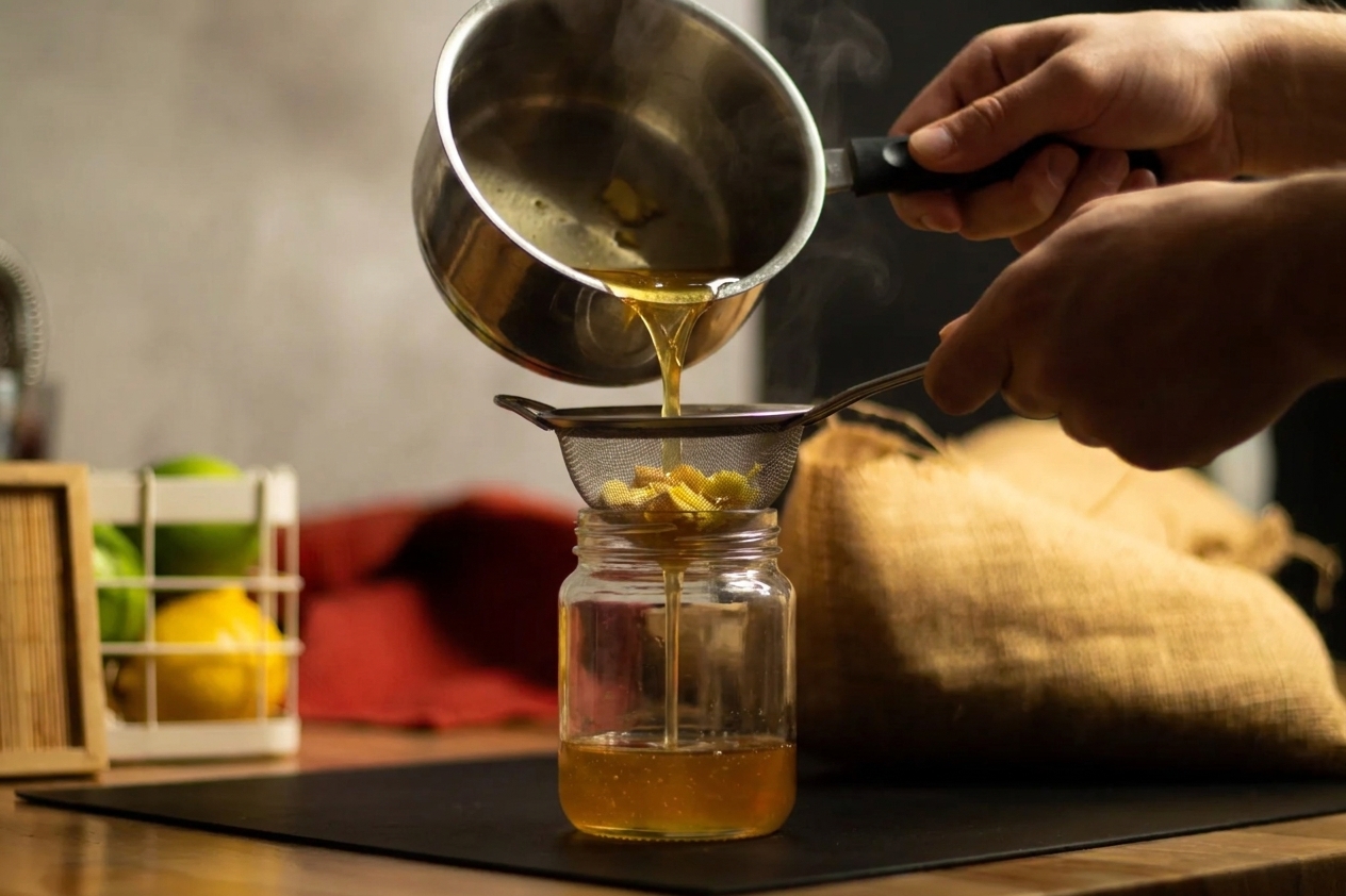 Honey-ginger syrup being poured through a fine-mesh strainer into a small glass jar on a kitchen counter