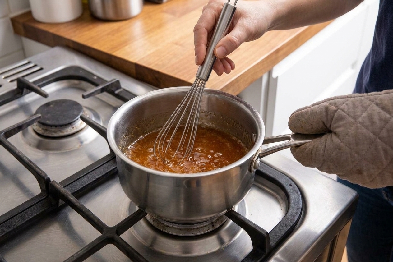 Honey glaze being whisked in a small saucepan on a stovetop, glossy and bubbling gently