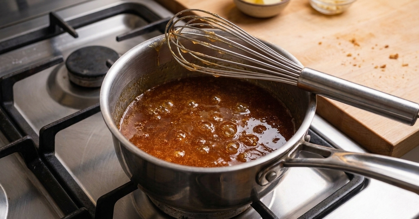 Honey glaze bubbling gently in a small saucepan on the stove, with a whisk resting on the rim