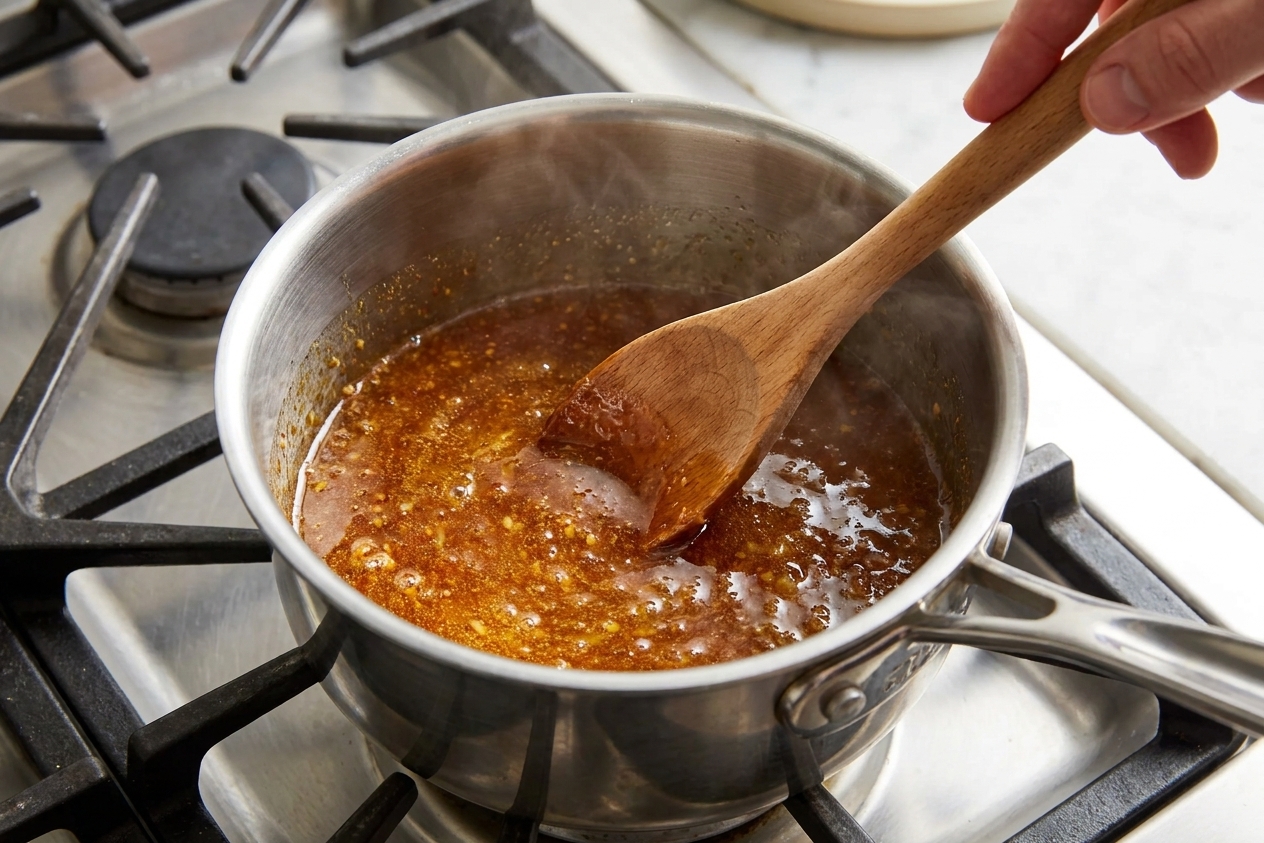 Honey glaze simmering in a small saucepan with brown sugar and Dijon mustard, stirred with a spoon on a stovetop