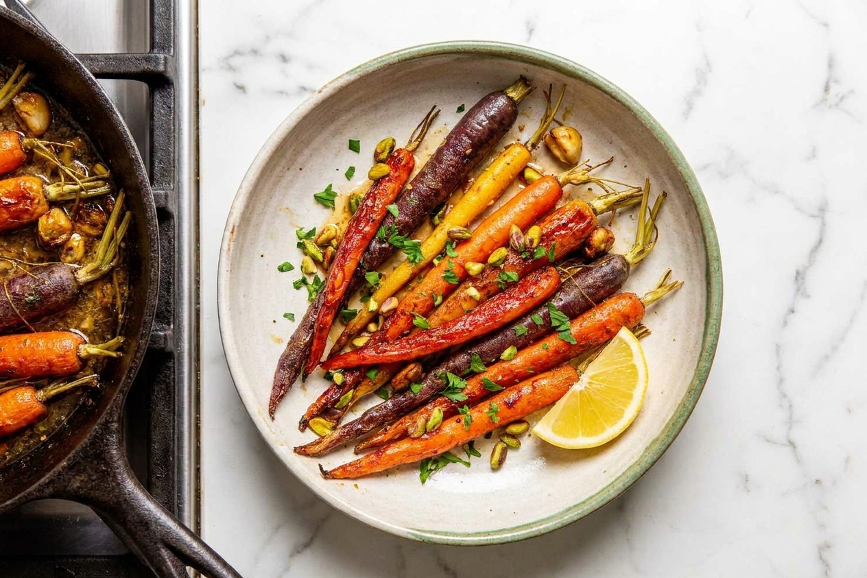 Honey glazed carrots plated in a shallow serving bowl with chopped parsley and a lemon wedge on the side