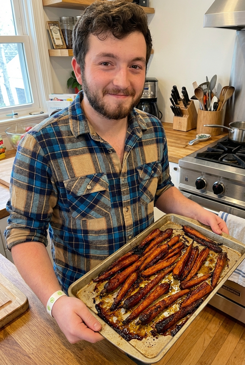 Honey glazed carrots roasted until caramelized on a baking sheet