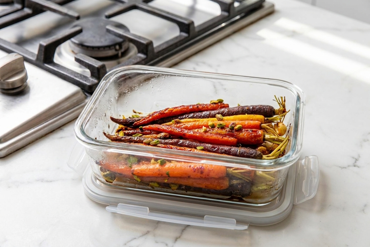 Honey glazed carrots stored in a clear glass meal prep container with a lid on a kitchen counter