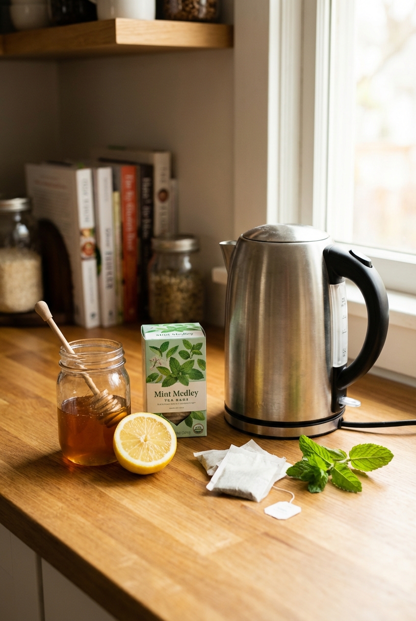 Honey, lemon, mint tea bags, and a kettle arranged on a kitchen counter