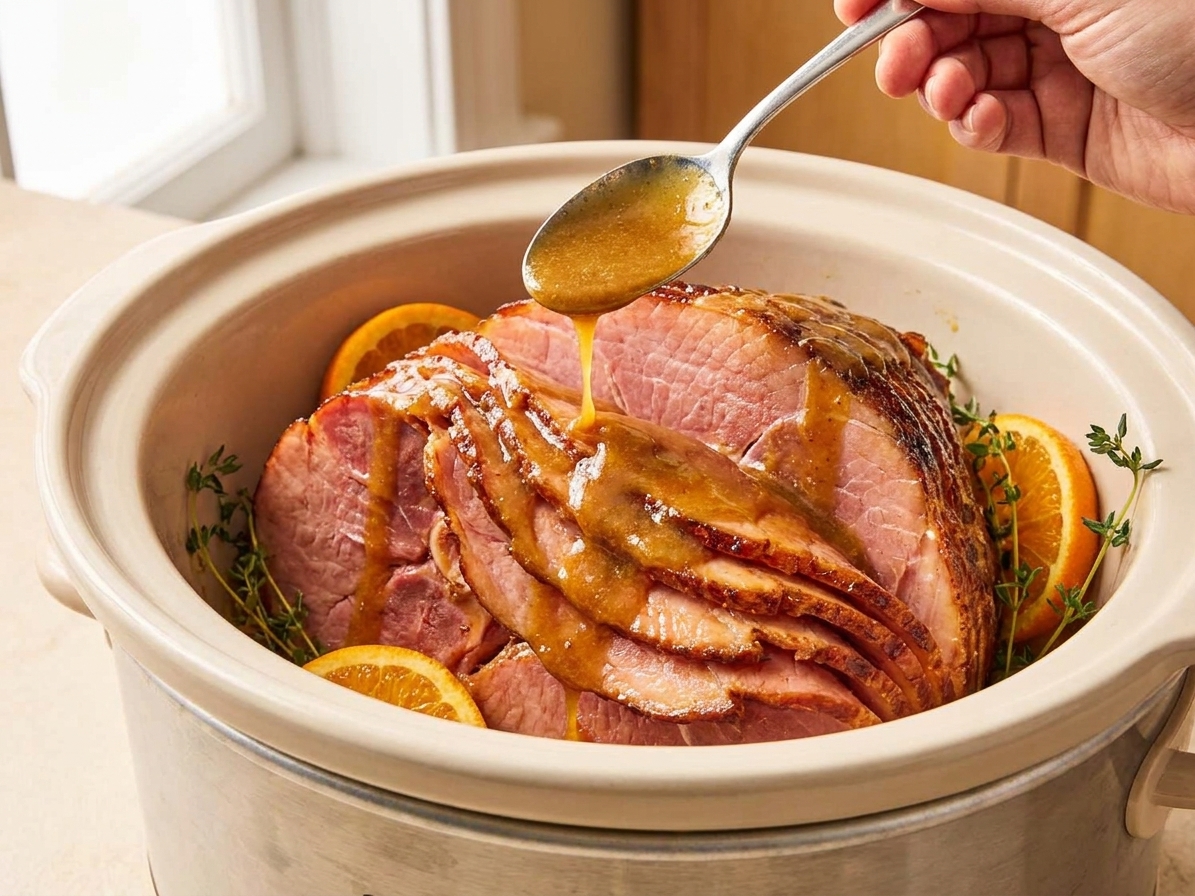 Honey mustard glaze being spooned over a spiral ham inside a slow cooker, coating the slices