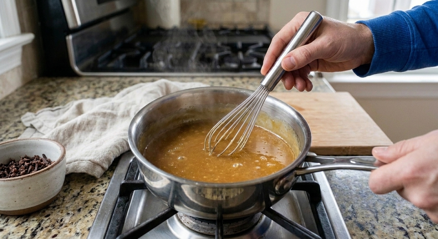 Honey mustard glaze being whisked in a small saucepan on a stovetop until smooth
