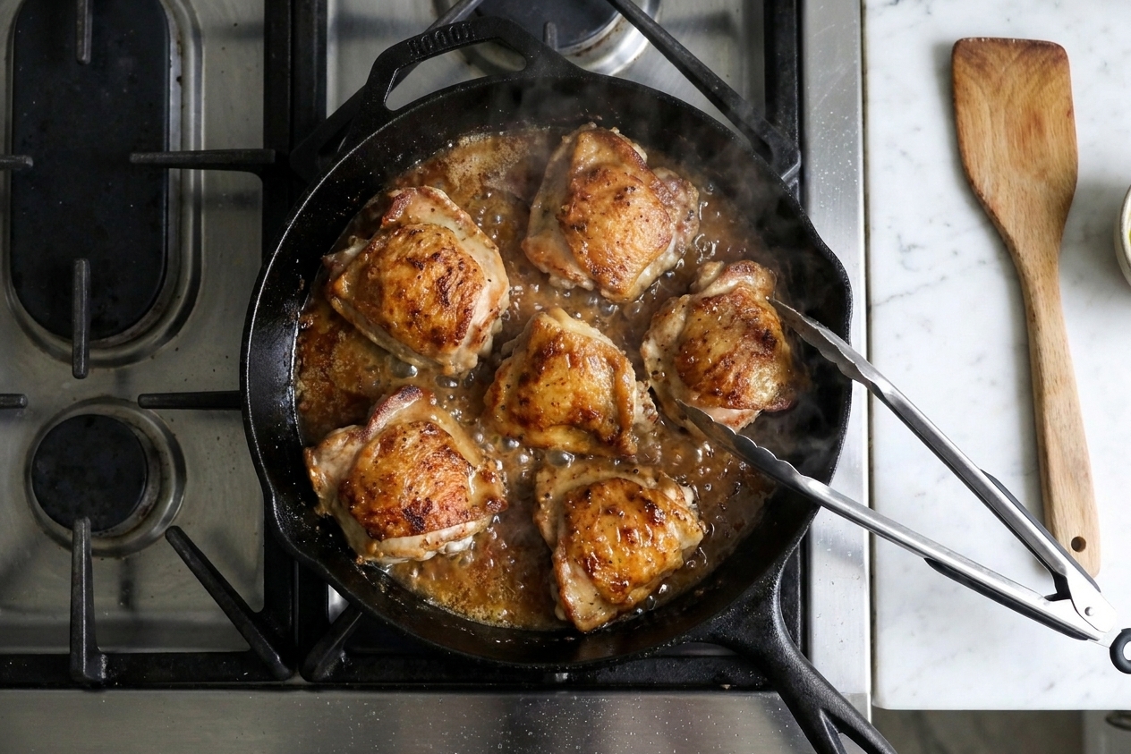 Honey mustard sauce bubbling gently around chicken in a skillet as it thickens and turns glossy, photographed from above on a home stove