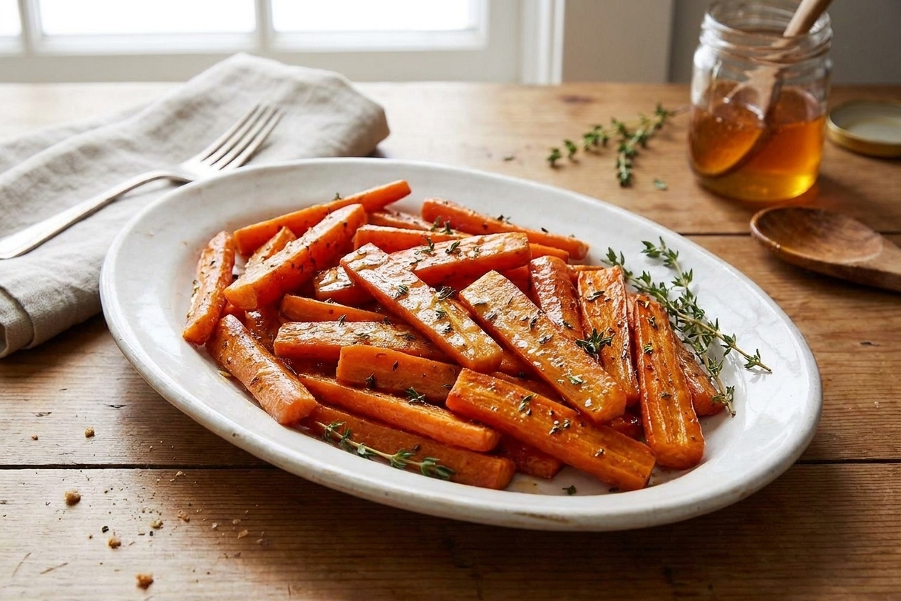 Honey roasted carrots piled on a white serving platter with thyme scattered on top, set on a dining table