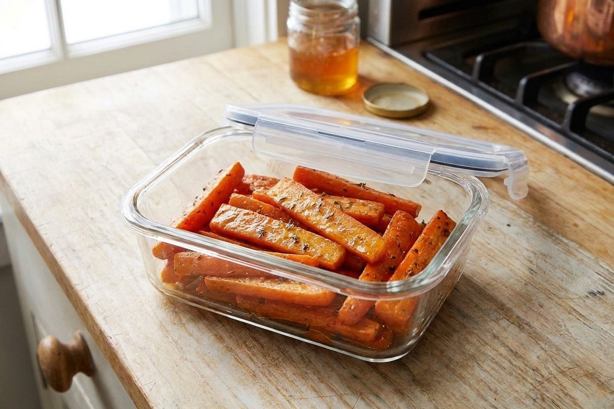 Honey roasted carrots stored in a glass meal prep container with a snapped-on lid on a kitchen counter