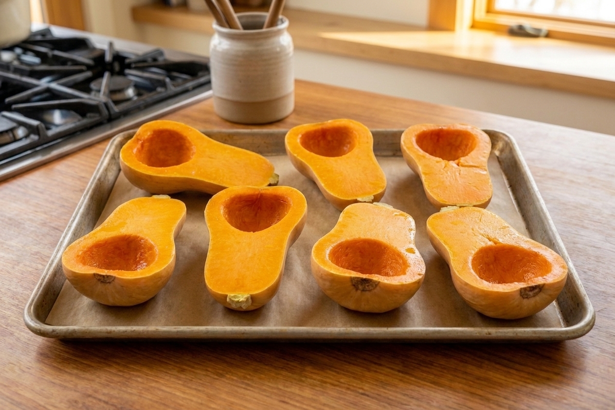 Honeynut squash cut in half lengthwise with seeds removed, arranged cut-side up on a parchment-lined sheet pan on a kitchen counter