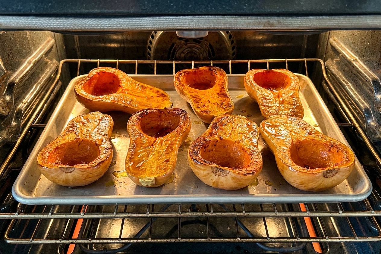 Honeynut squash halves roasting on a sheet pan inside an oven, edges beginning to caramelize