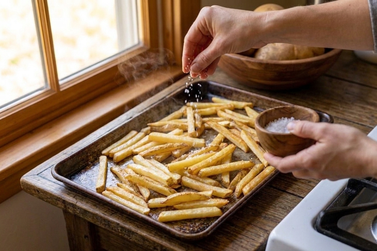 Hot French fries on a sheet pan being sprinkled with salt in a home kitchen