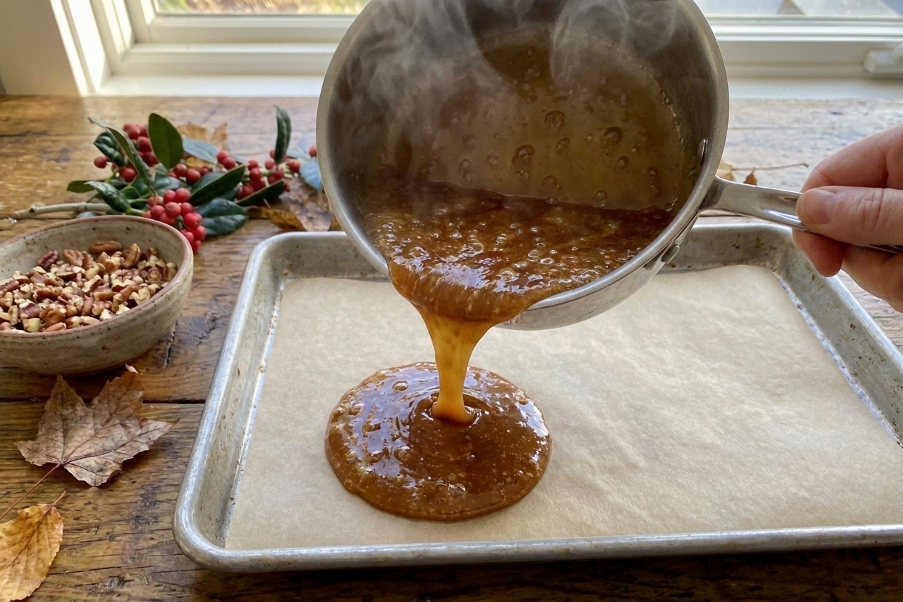 Hot amber toffee being poured from a saucepan onto a parchment-lined baking sheet on a kitchen counter