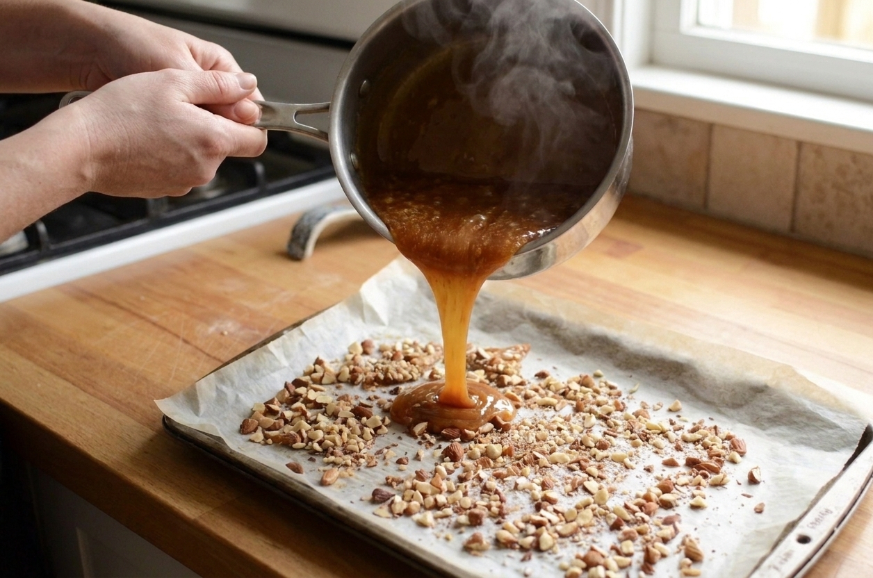 Hot amber toffee being poured from a saucepan onto a parchment-lined baking sheet with chopped nuts