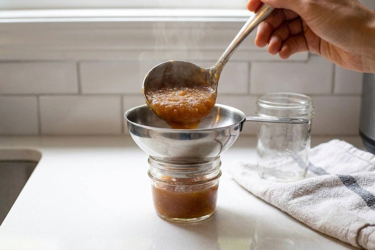 Hot apple butter being ladled through a canning funnel into a small glass jar on a kitchen counter