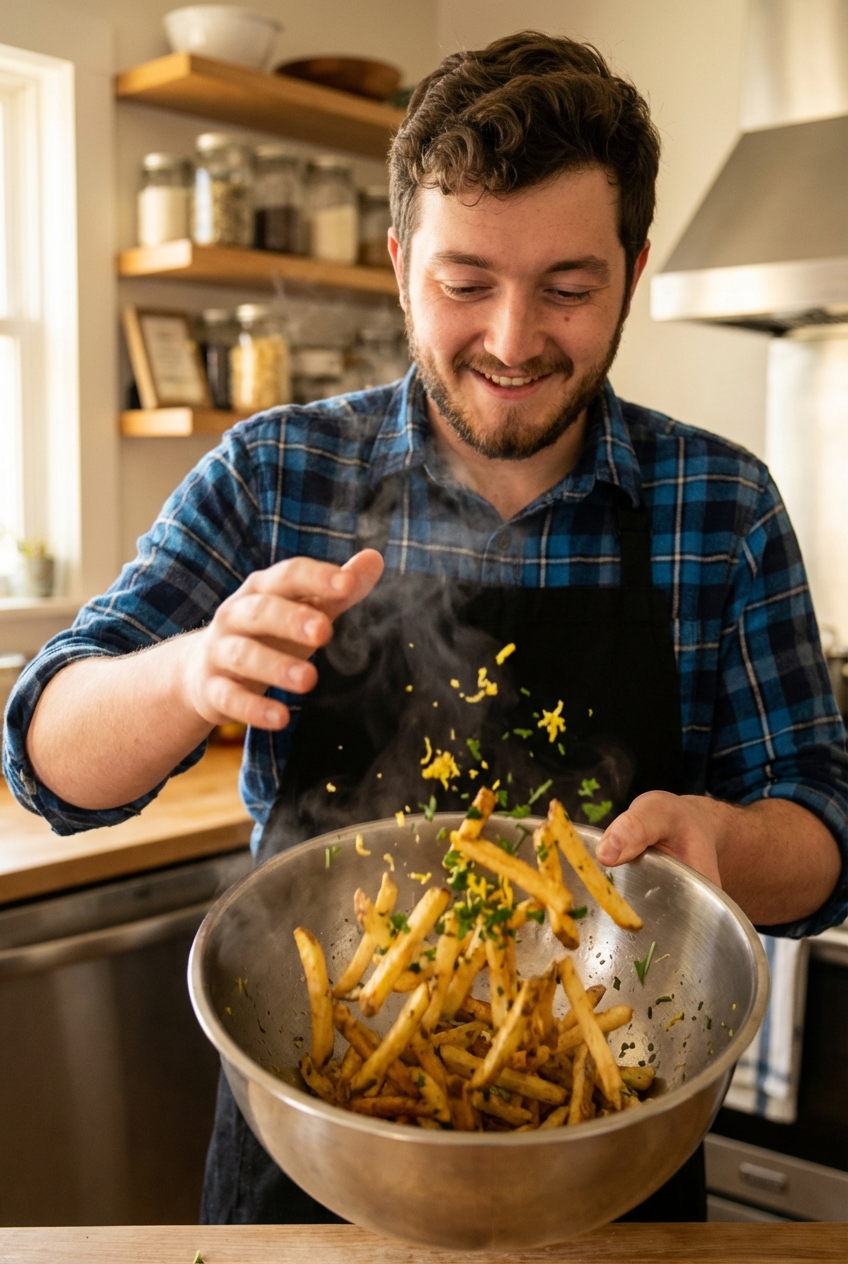 Hot baked fries being tossed in a bowl with lemon zest and chopped herbs
