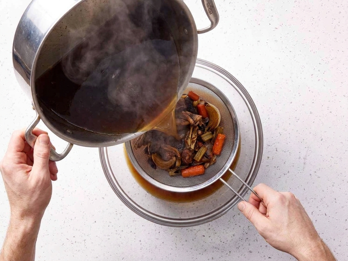 Hot beef stock being poured through a fine-mesh strainer into a large bowl on a kitchen counter