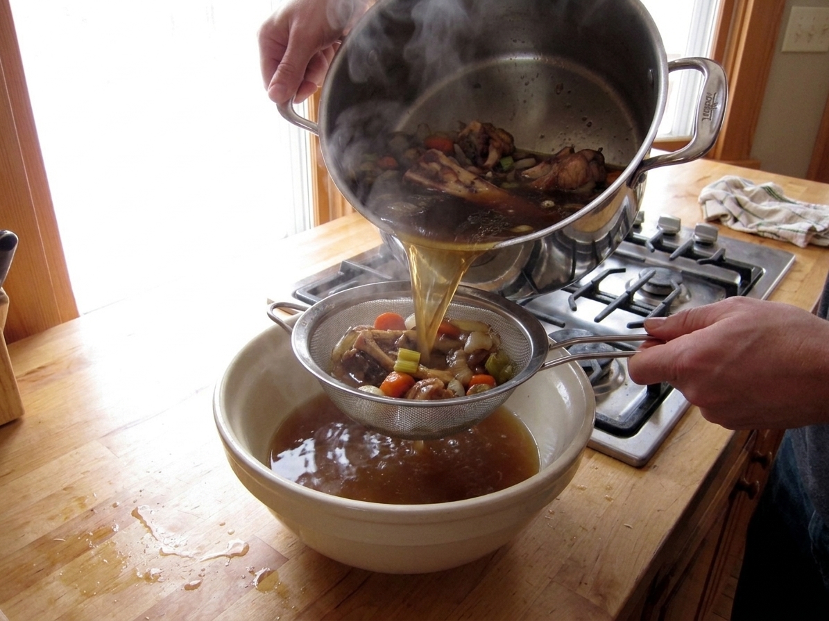 Hot beef stock being poured through a fine-mesh strainer into a large bowl on a kitchen counter