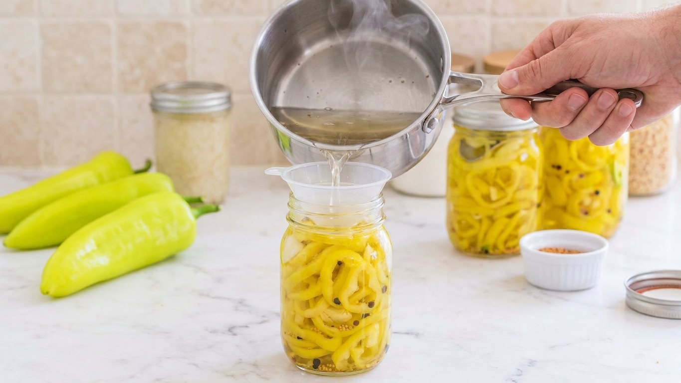 Hot brine being poured into a jar of sliced banana peppers using a small funnel on a kitchen counter