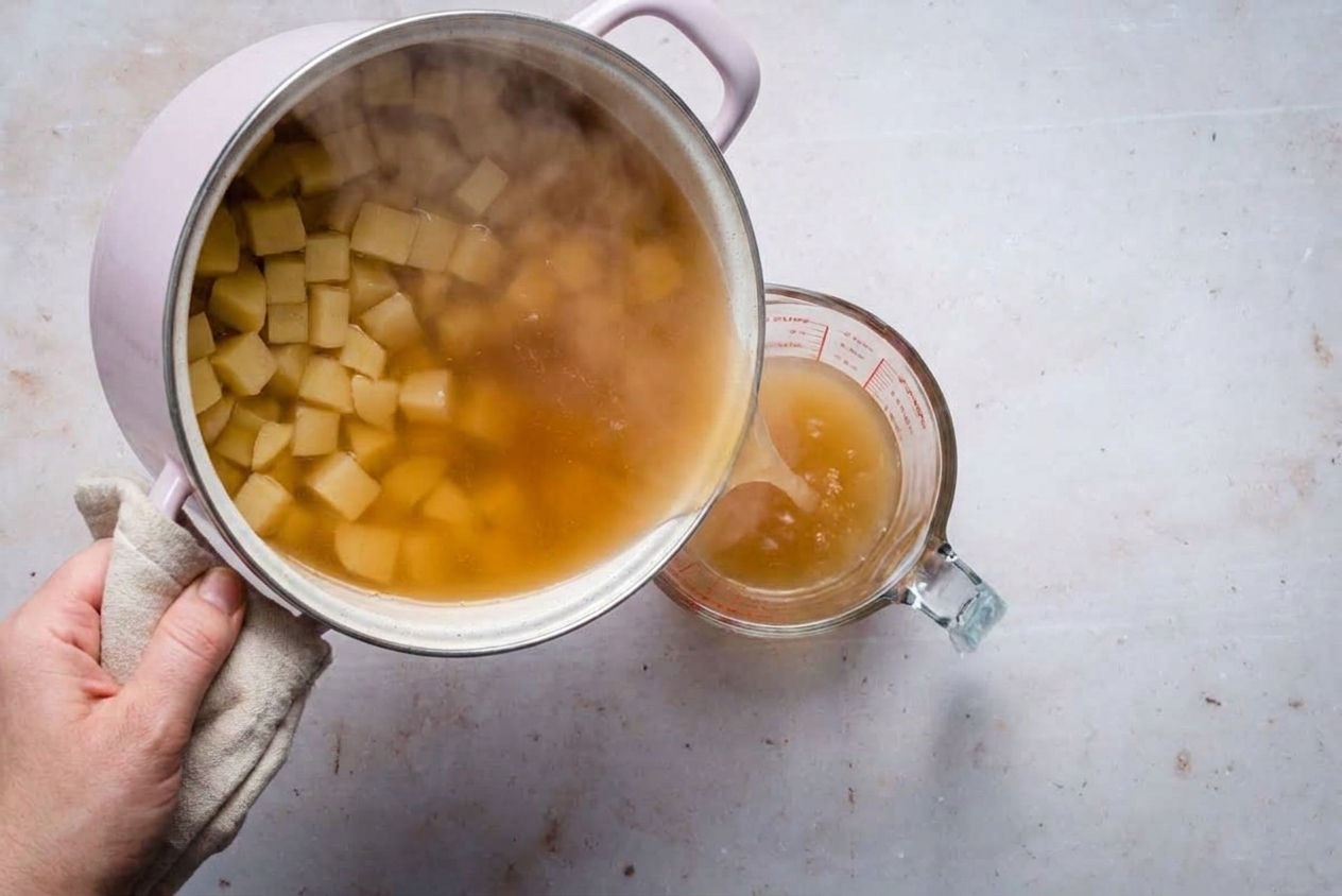 Hot broth being carefully poured from a saucepan into a heat-safe measuring cup on a kitchen counter