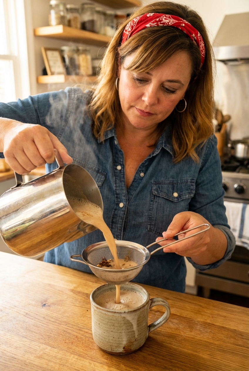 Hot chai tea latte being poured through a fine-mesh strainer into a ceramic mug