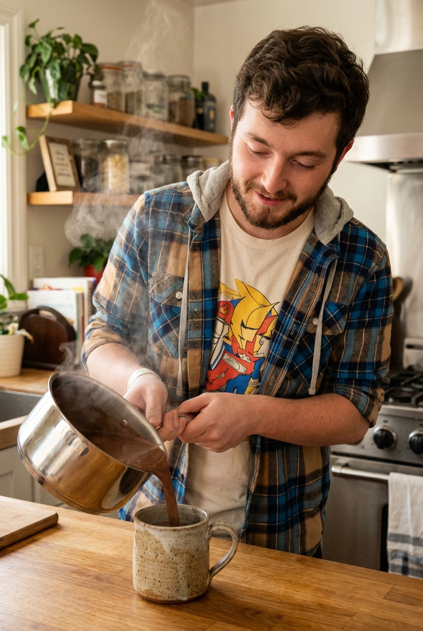 Hot cocoa being poured from a saucepan into a ceramic mug with steam rising