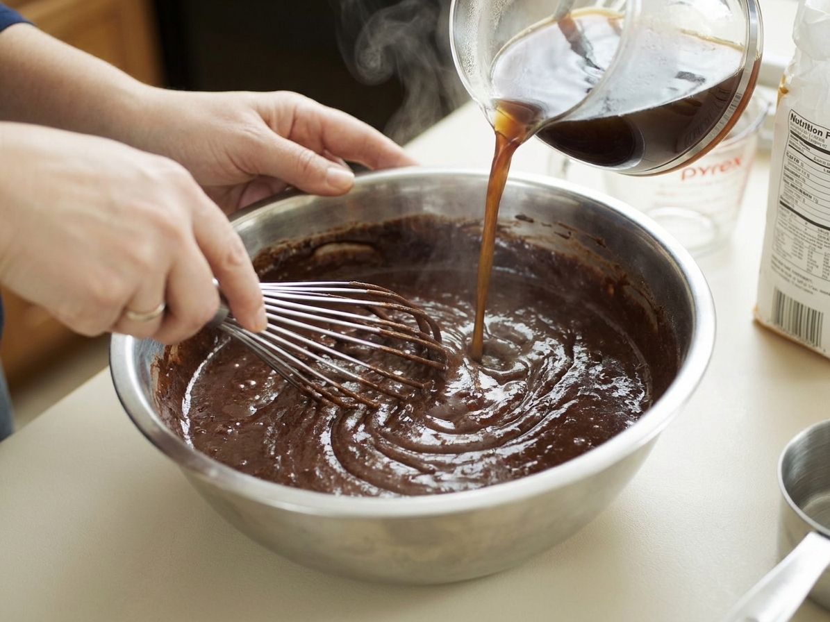 Hot coffee being poured into a bowl of chocolate cake batter while someone whisks, creating a smooth, glossy mixture