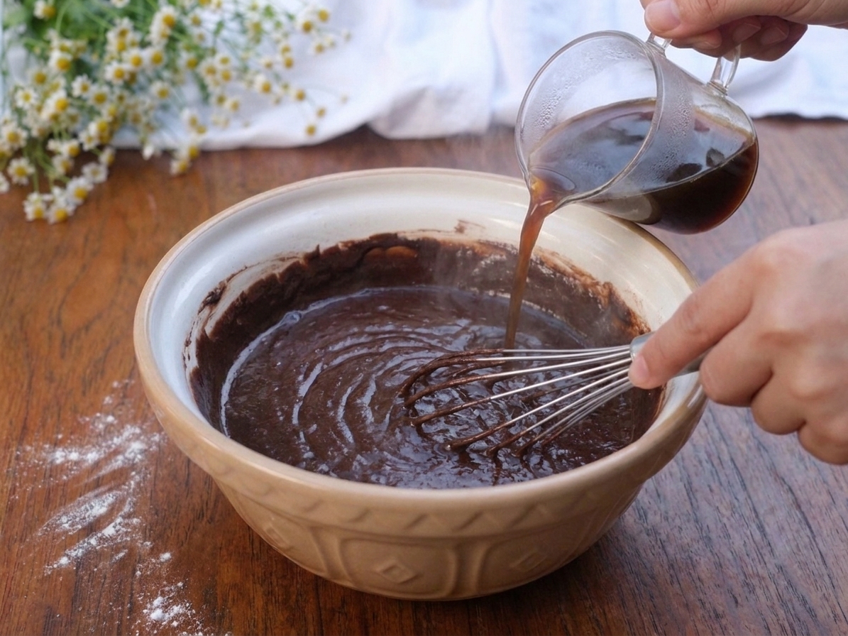 Hot coffee being poured into a bowl of chocolate cake batter while someone whisks on a kitchen counter