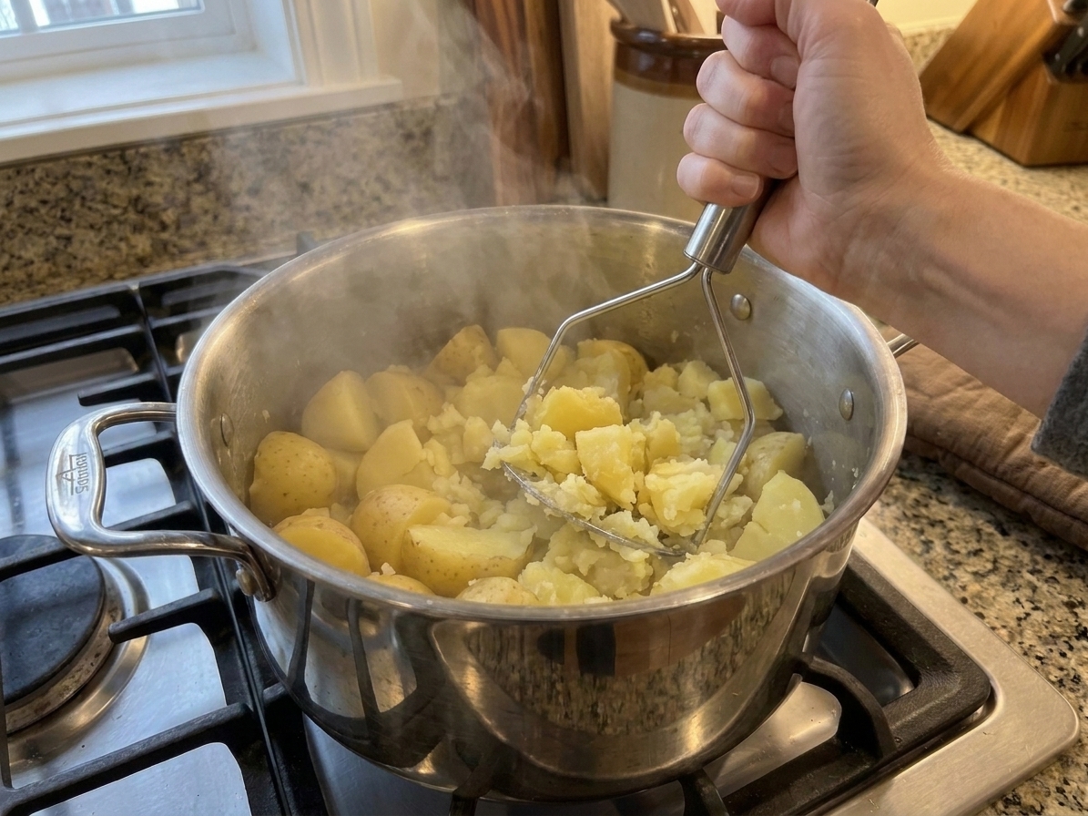 Hot cooked potatoes being mashed with a potato masher in a large pot on a stove, steam rising