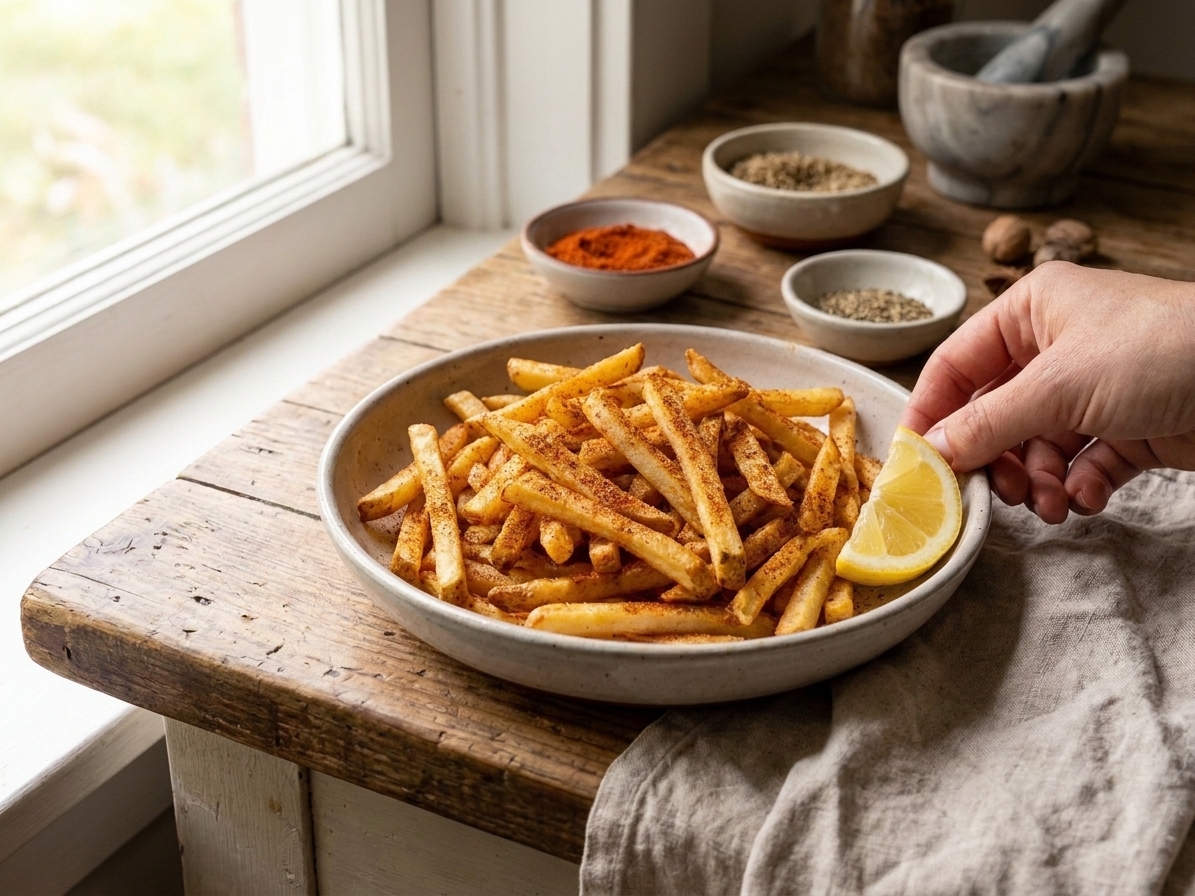 Hot crispy fries in a bowl dusted with Old Bay style seasoning with a lemon wedge on the side