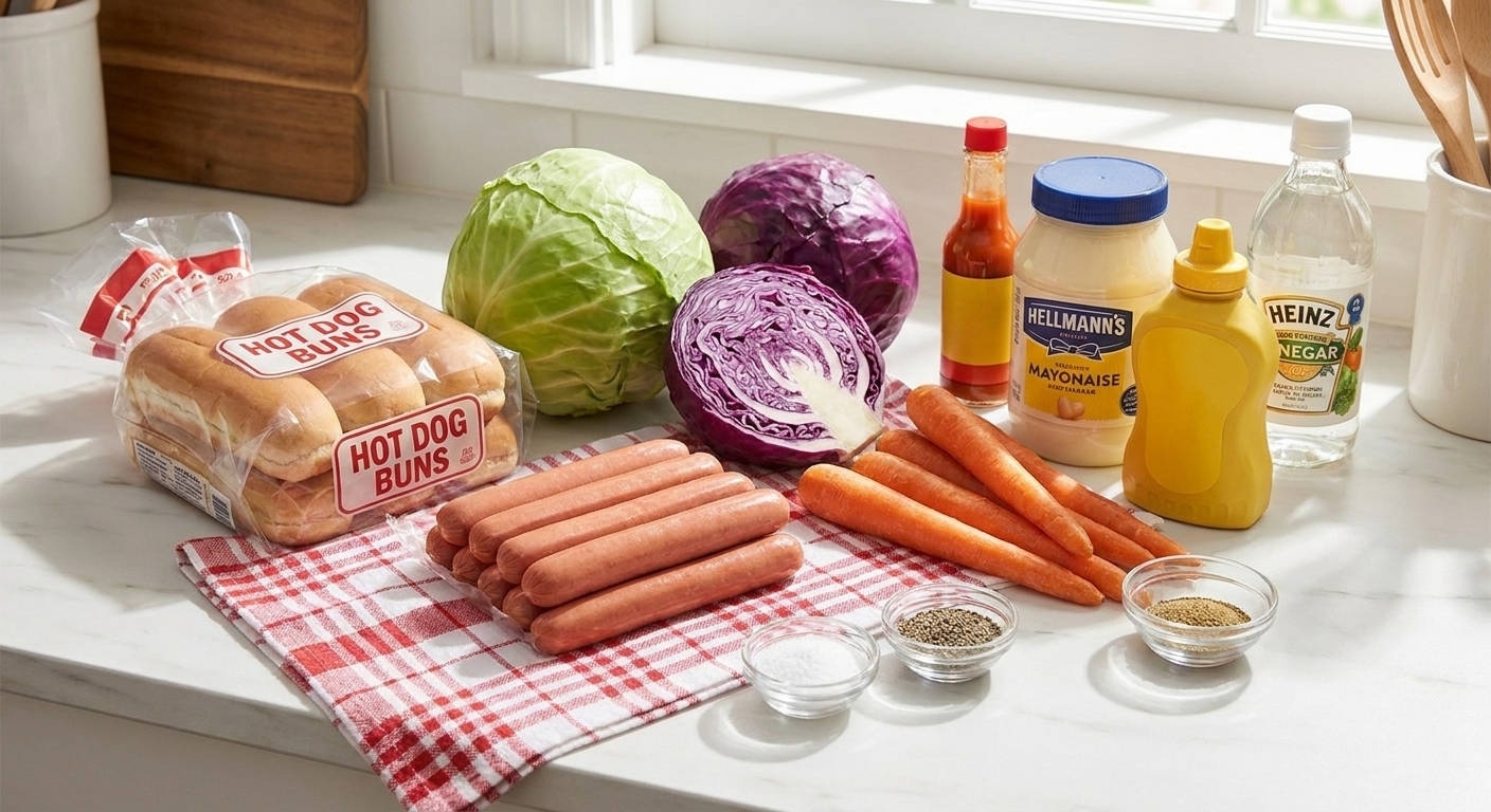 Hot dog buns, hot dogs, cabbage, carrots, mayonnaise, mustard, hot sauce, vinegar, and spices laid out on a bright kitchen counter