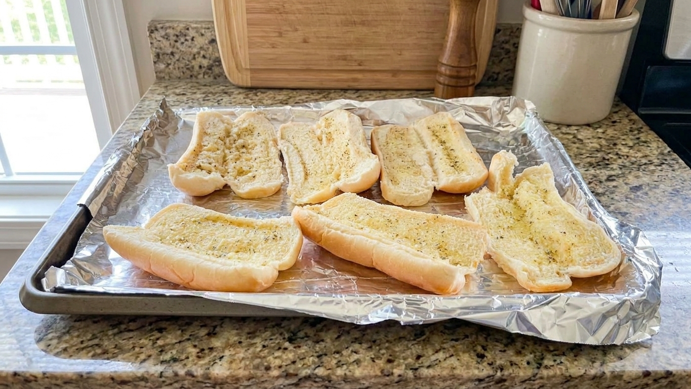 Hot dog buns sliced lengthwise and arranged cut-side up on a rimmed baking sheet on a home kitchen counter