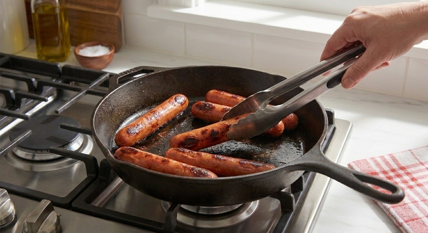 Hot dogs browning in a cast iron skillet with tongs turning them for even blistering