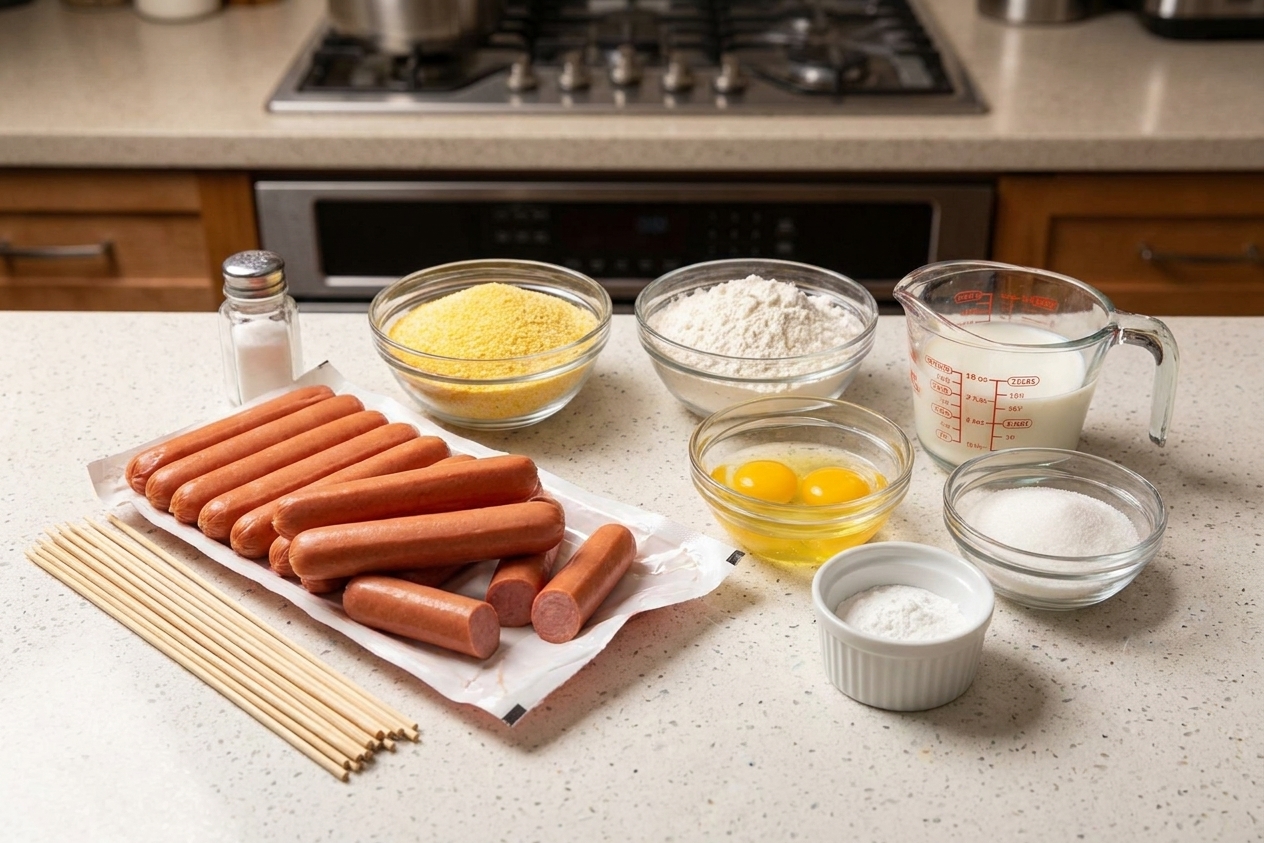 Hot dogs, cornmeal, flour, eggs, milk, baking powder, sugar, salt, and wooden skewers arranged on a clean kitchen counter
