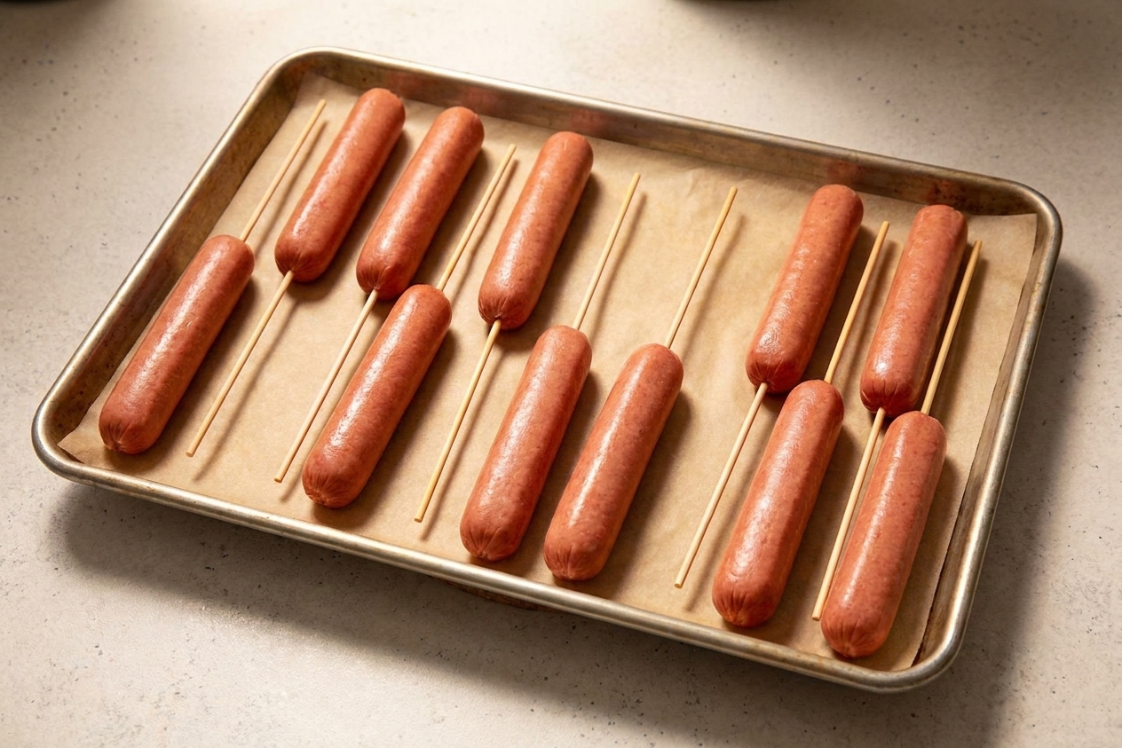 Hot dogs patted dry and pierced with wooden skewers, lined up on a parchment-lined sheet pan on a kitchen counter