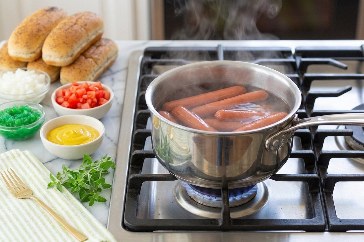 Hot dogs simmering in a small pot of hot water on a home stove with steam rising