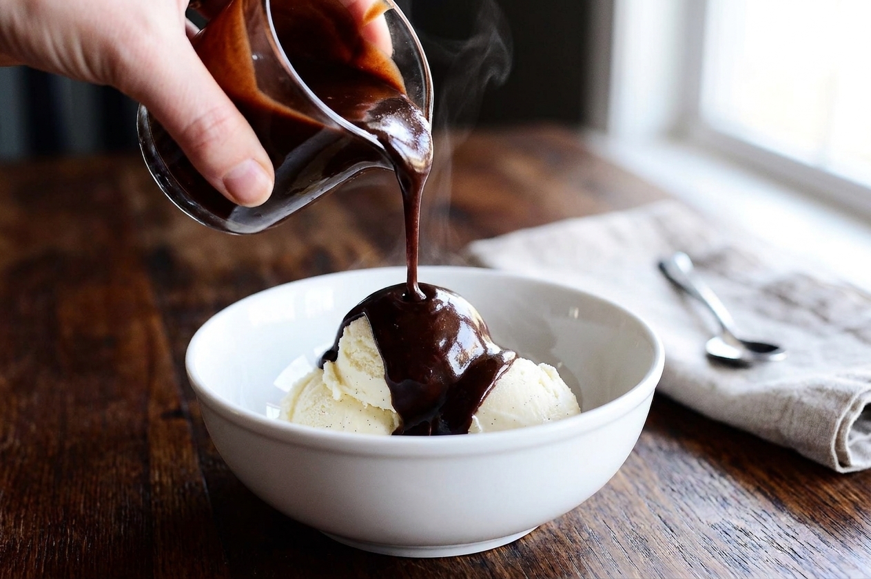 Hot fudge sauce being poured over vanilla ice cream in a bowl on a dining table