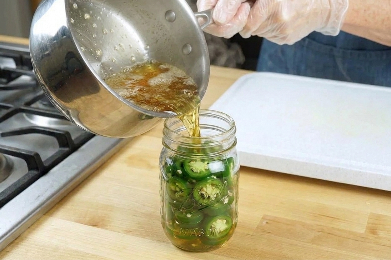 Hot golden syrup being poured into a glass jar packed with jalapeño rings on a kitchen counter