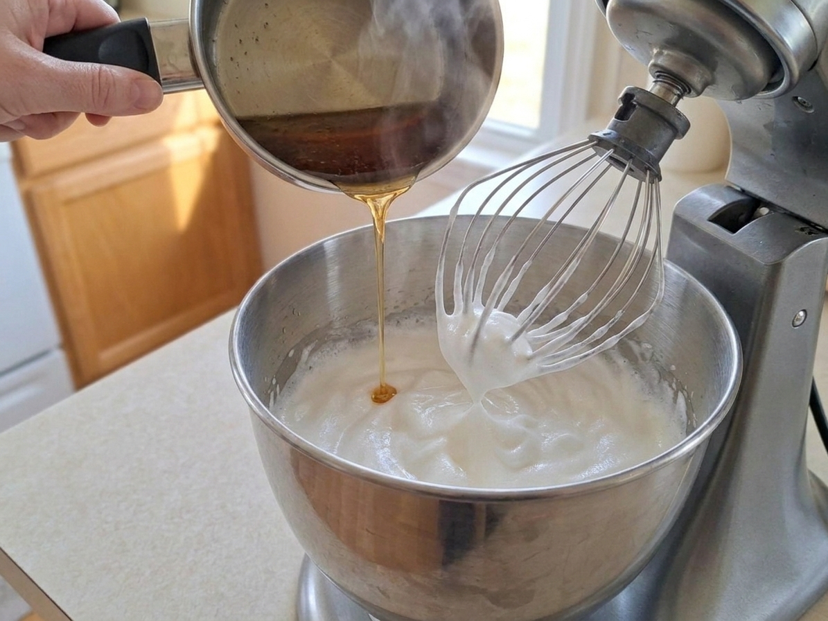 Hot honey sugar syrup being poured in a thin stream into whipped egg whites while a stand mixer runs