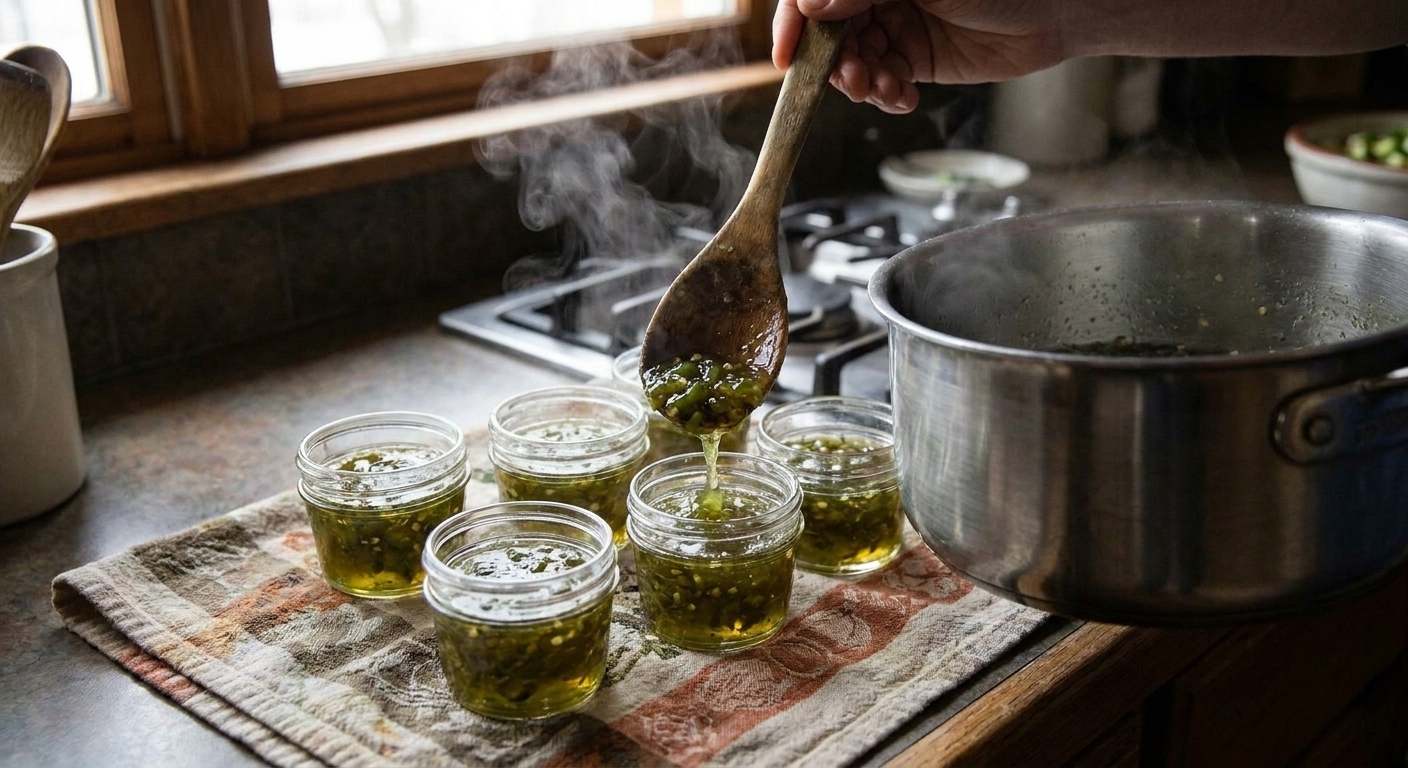 Hot jalapeño jelly being ladled into small glass jars on a kitchen counter with a towel underneath